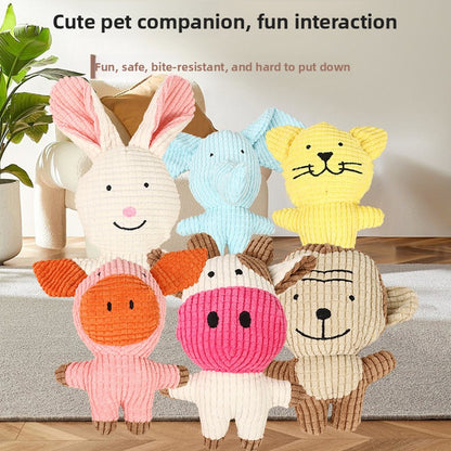 Squeaky plush dog toys in cute animal shapes including bunny, elephant, lion, pig, and bear designs