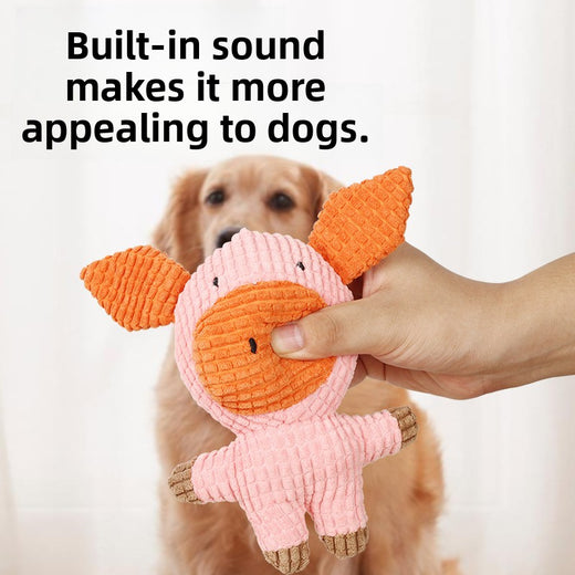Hand holding a pink corduroy plush pig dog toy with built-in squeaker in front of a golden retriever