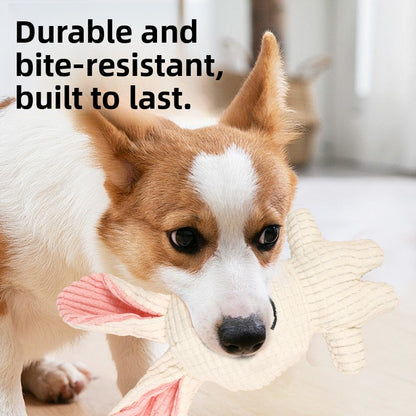 Dog carrying a durable corduroy plush toy in bunny shape, bite-resistant design