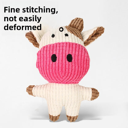 Pink and cream corduroy plush cow dog toy with reinforced stitching