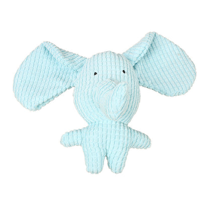 Light blue corduroy plush elephant squeaky dog toy on white background