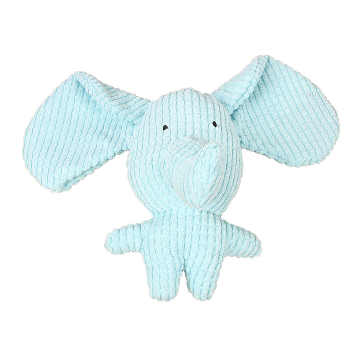 Light blue corduroy plush elephant squeaky dog toy on white background