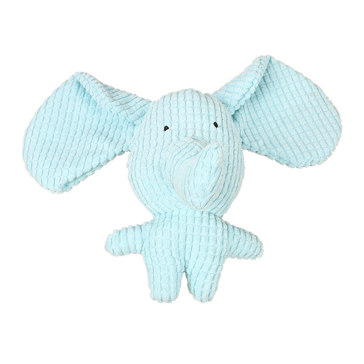Light blue corduroy plush elephant squeaky dog toy on white background