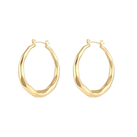 Two gold-tone titanium steel hoop earrings with a twisted, rope-like texture