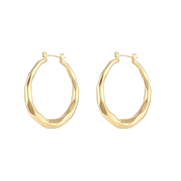 Two gold-tone titanium steel hoop earrings with a twisted, rope-like texture