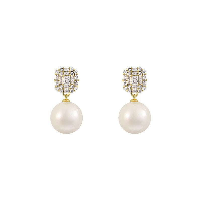 Two pairs of square zircon pearl drop stud earrings shown in silver-tone and gold-tone