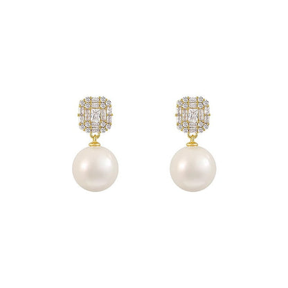 Two pairs of square zircon pearl drop stud earrings shown in silver-tone and gold-tone