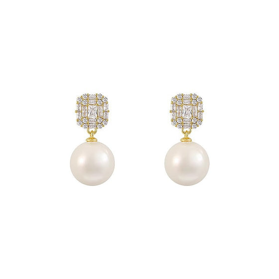 Two pairs of square zircon pearl drop stud earrings shown in silver-tone and gold-tone