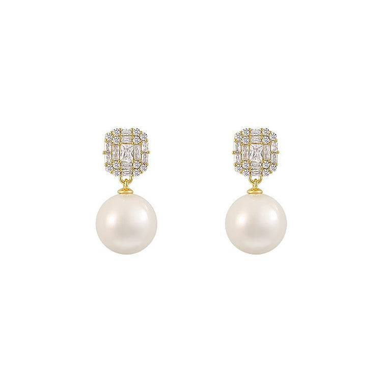 Two pairs of square zircon pearl drop stud earrings shown in silver-tone and gold-tone