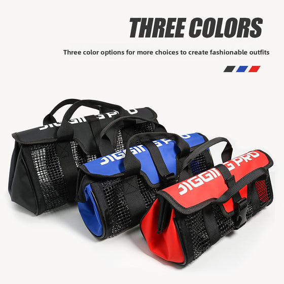 Mesh fishing bag open with gear inside