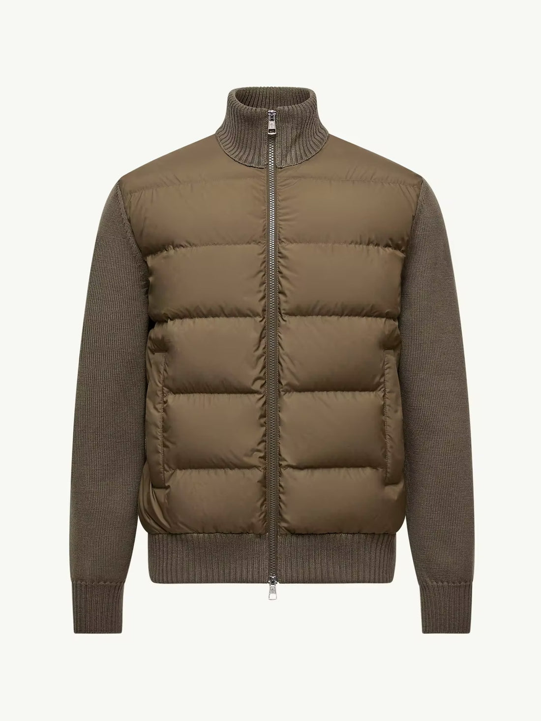 Patchwork Vertical Neck Sweater Coat in Brown, Navy and Black, image 1 of 23
