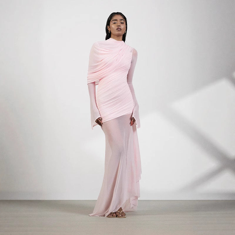 Mesh Stitching Solid Color Dress in Pink, image 1 of 8