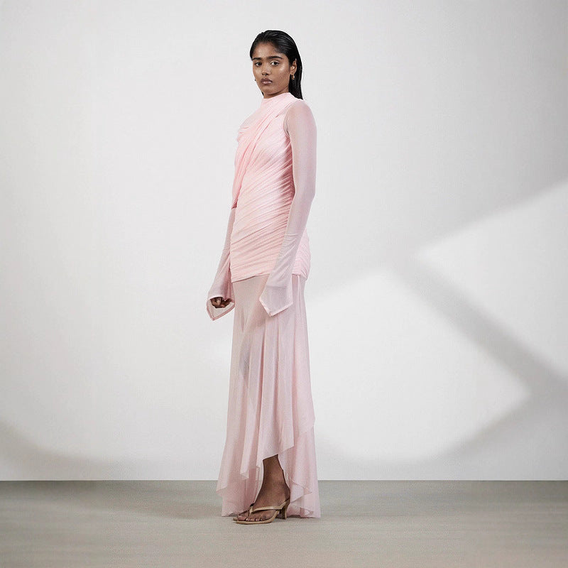 Mesh Stitching Solid Color Dress in Pink, image 3 of 8