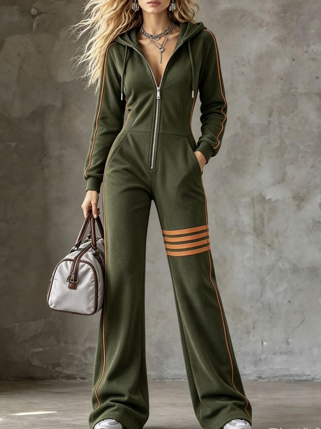 Hooded Zip-Up Jumpsuit in Deep Blue, Black and Olive Green, image 5 of 23