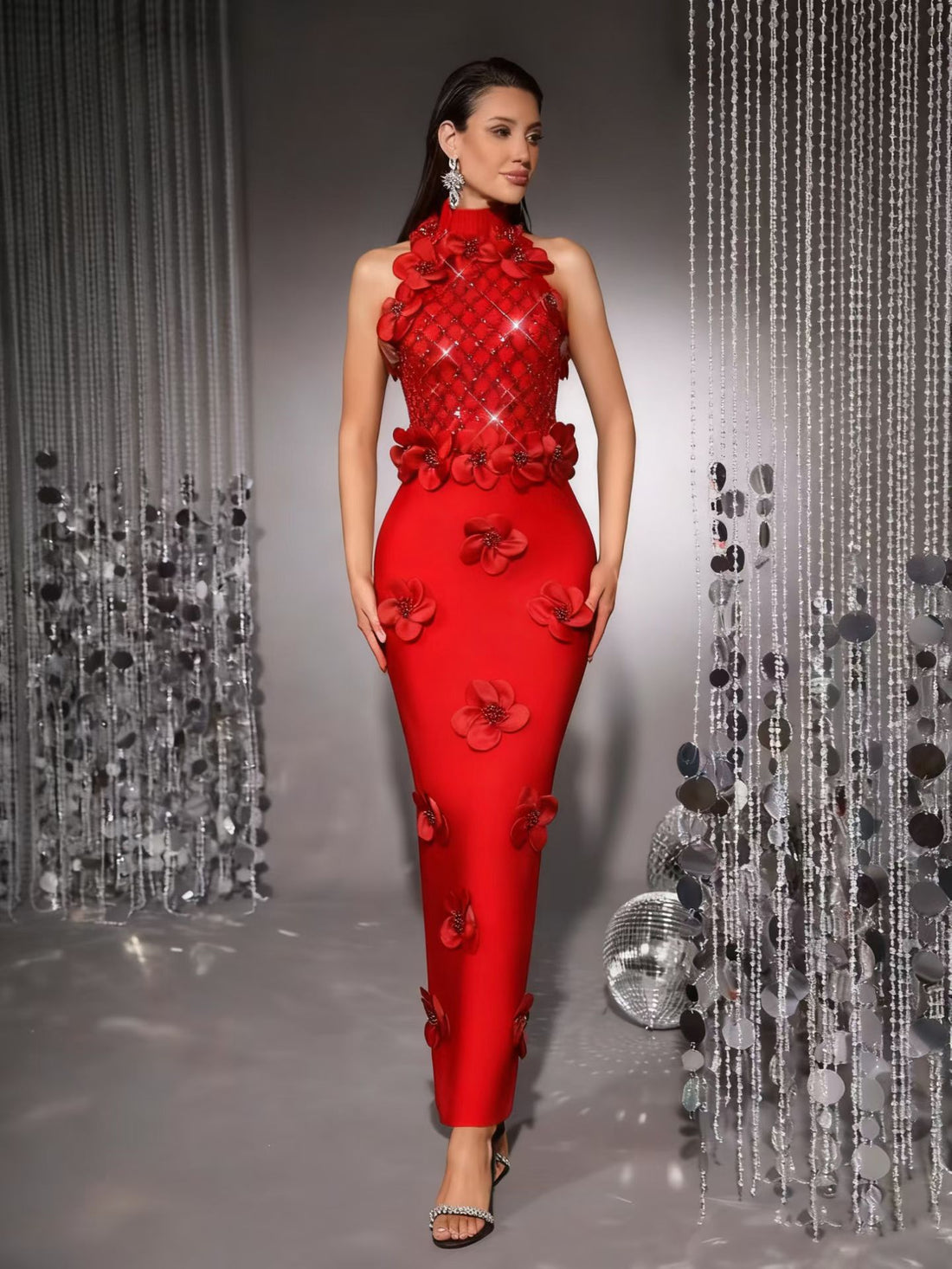 Sequined Flower Evening Gown, 3 Colors, S to XL, image 1 of 17
