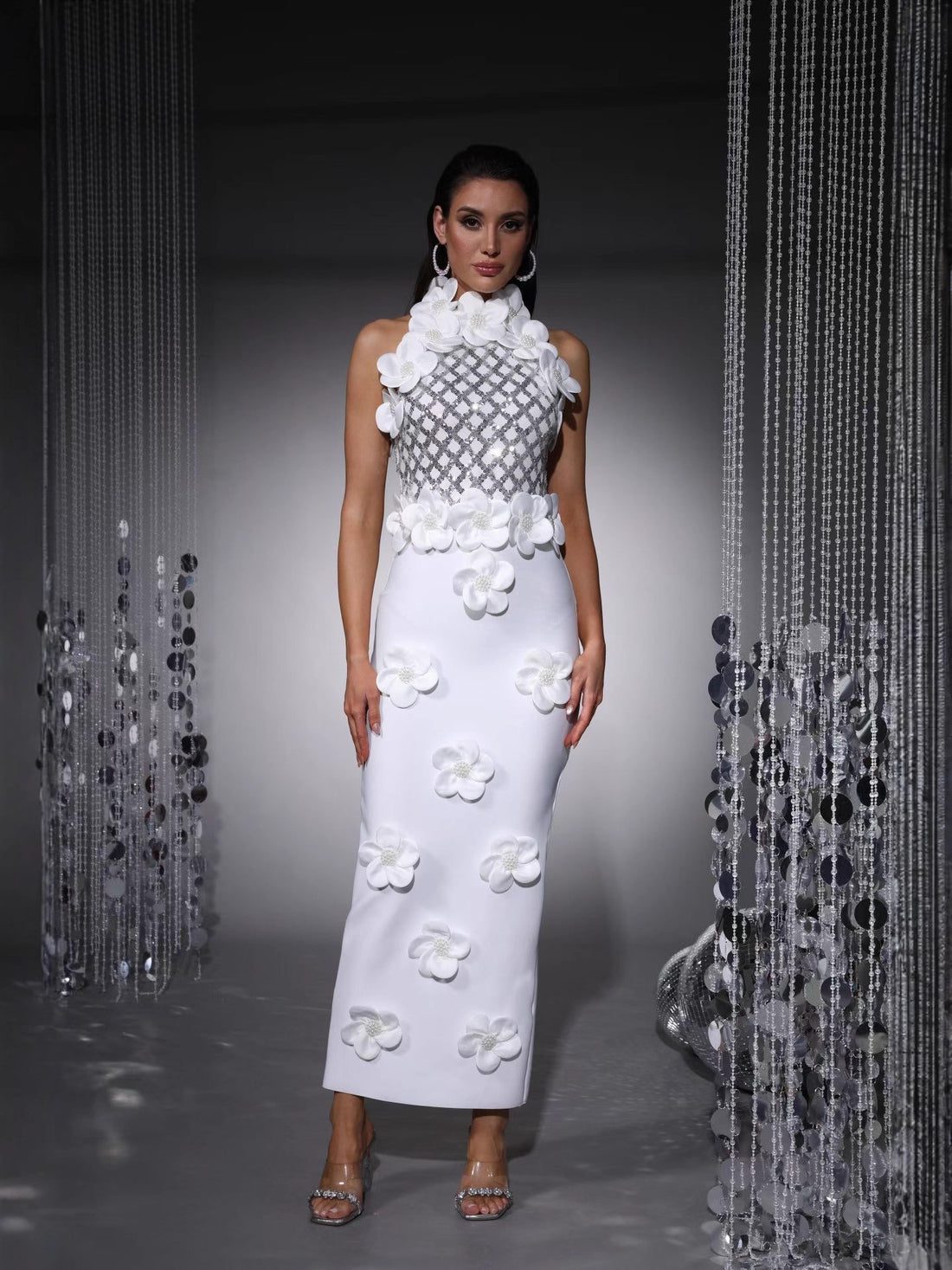 Sequined Flower Evening Gown, 3 Colors, S to XL, image 5 of 17