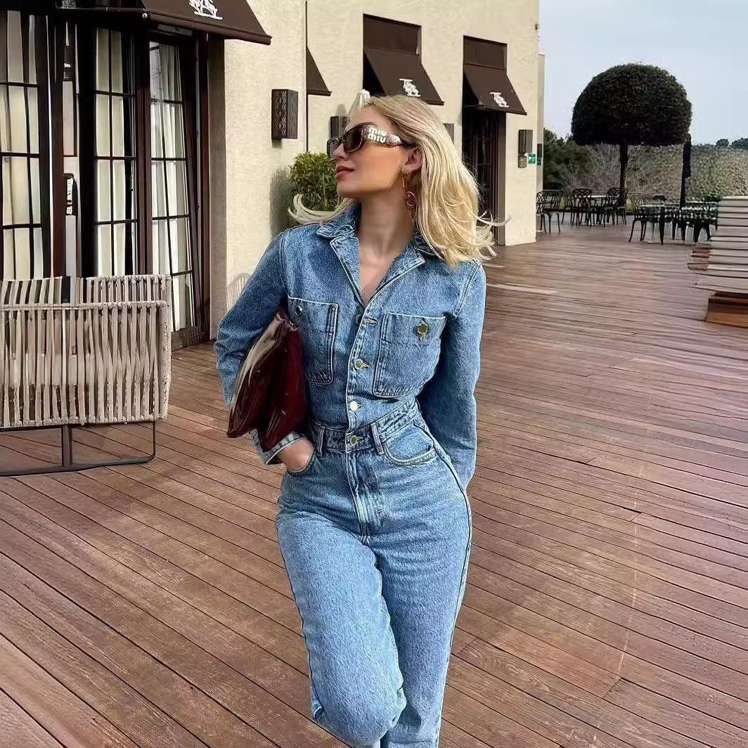 Straight Denim Jumpsuit, S to L, image 1 of 9