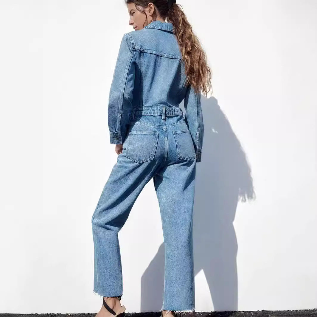 Straight Denim Jumpsuit, S to L, image 3 of 9