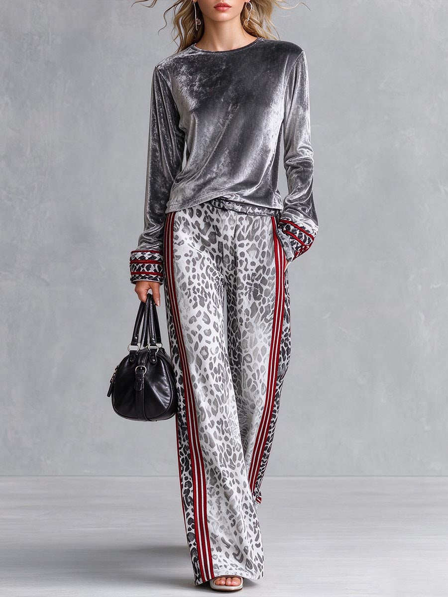 Women's leopard print two piece set with gray long sleeve top and wide leg pants