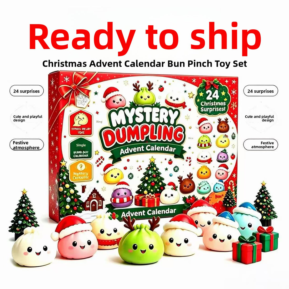 Mystery dumpling advent calendar bun pinch toy set, ready to ship, with 24 squishy toys