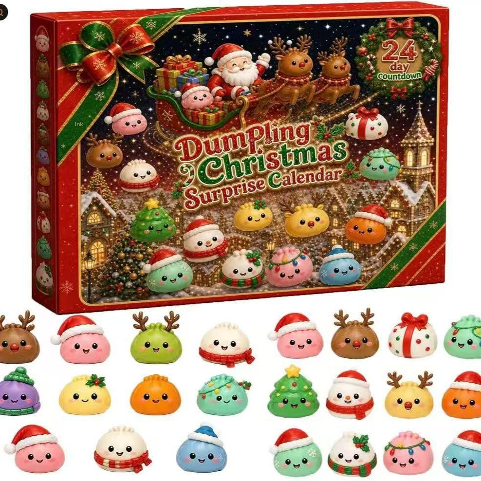 Dumpling Christmas surprise calendar with Santa and reindeer squishy toys displayed in front