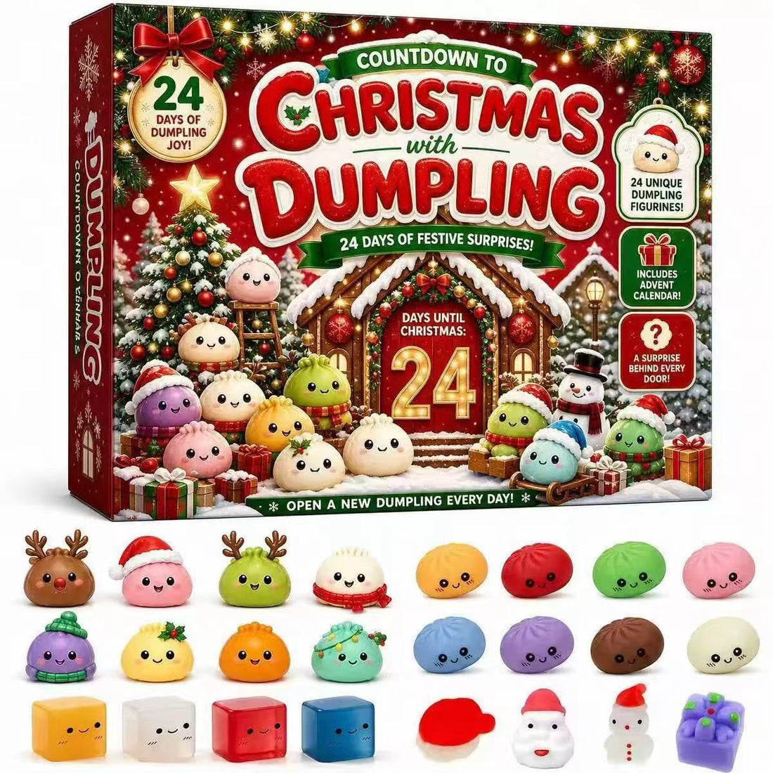 Dumpling Christmas advent calendar box with the squishy toys lined up below