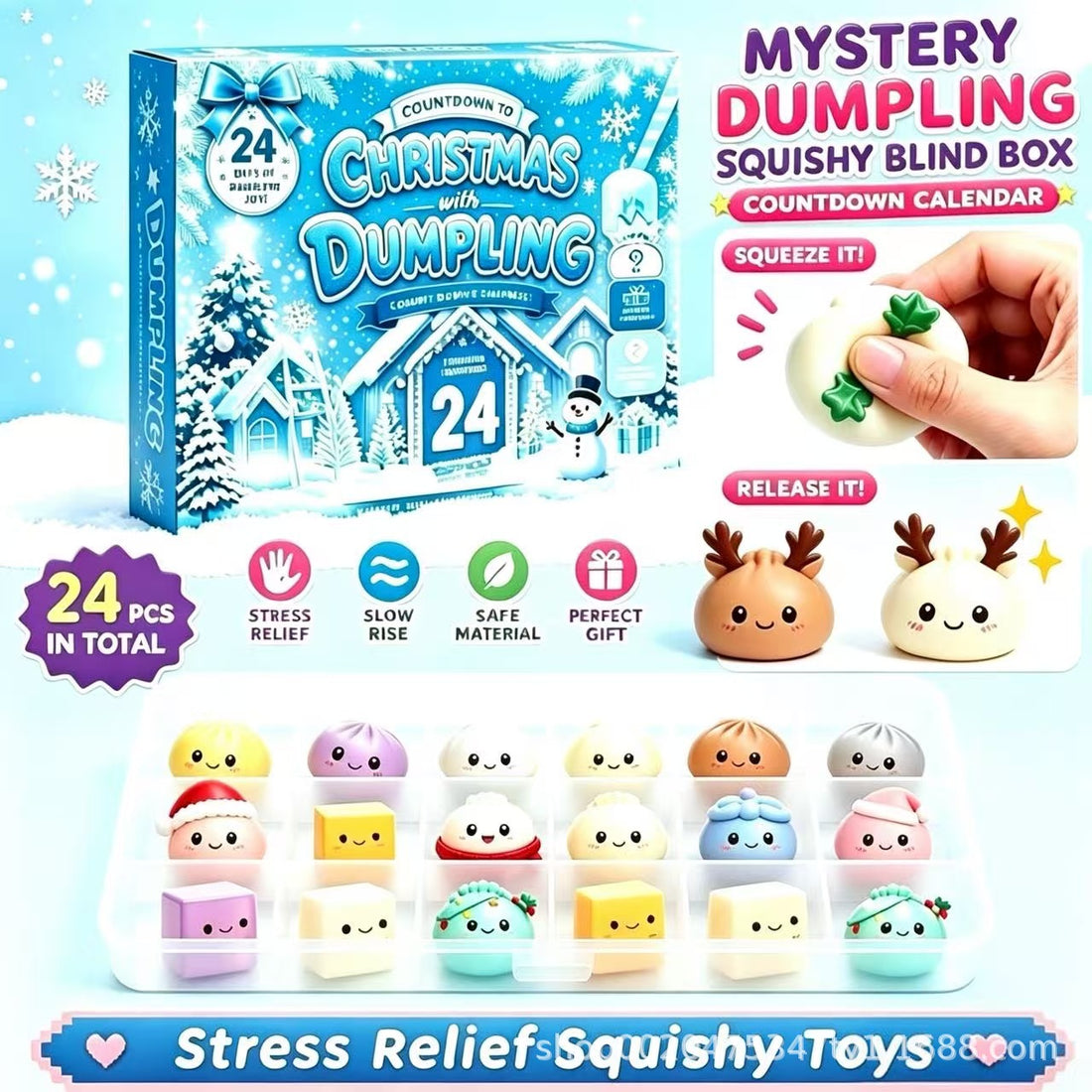Mystery dumpling blind box advent calendar with 24 squishy toys and reindeer characters