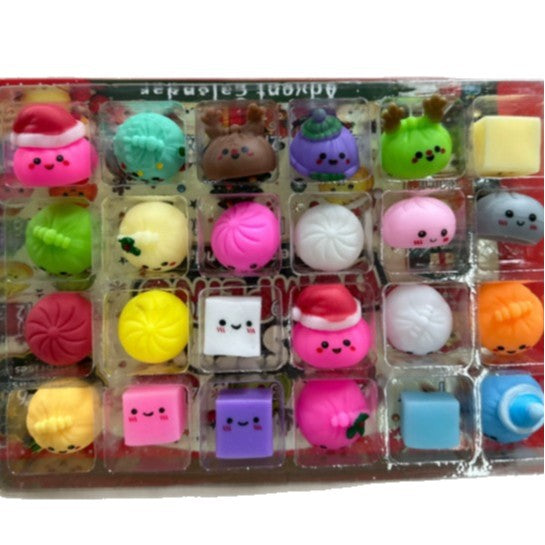Tray of colorful squishy dumpling toys from the advent calendar