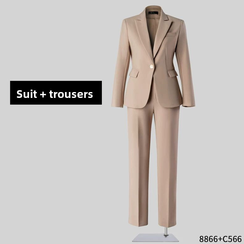 Women's khaki pant suit with single-button blazer and trousers