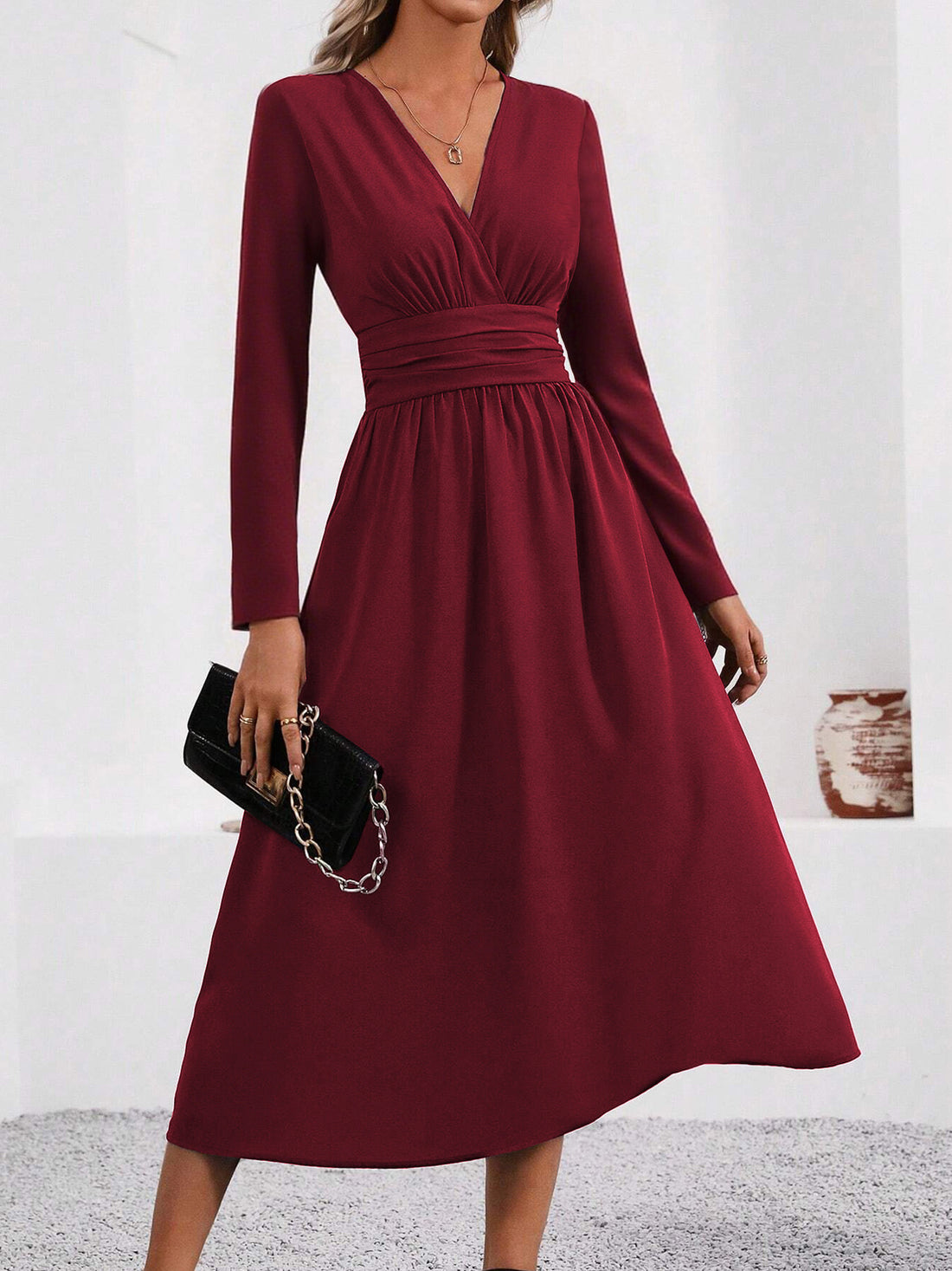 Women's V-neck long sleeve pleated A-line midi dress, photo 2