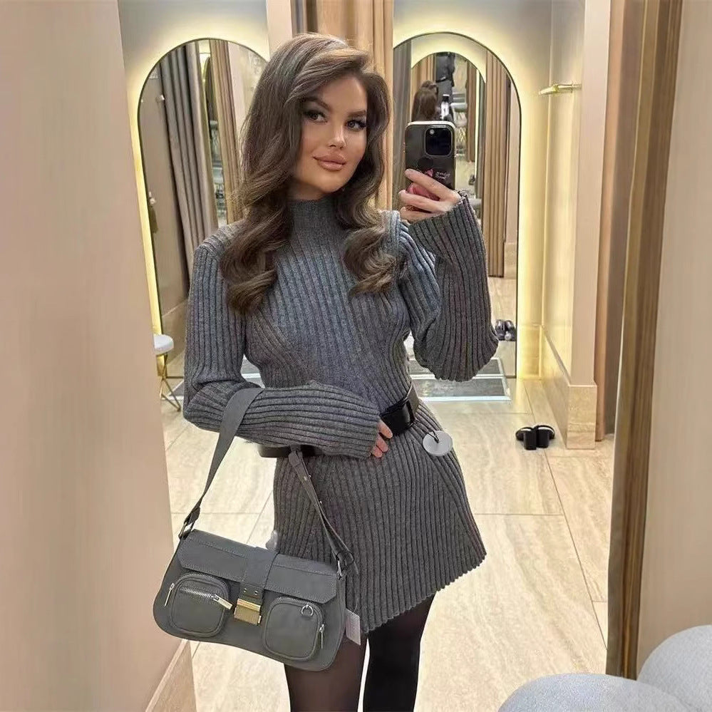 Ribbed knit mock neck bodycon sweater dress
