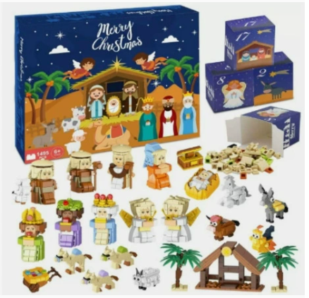Nativity advent calendar with 24 figurines and manger scene pieces displayed around the box