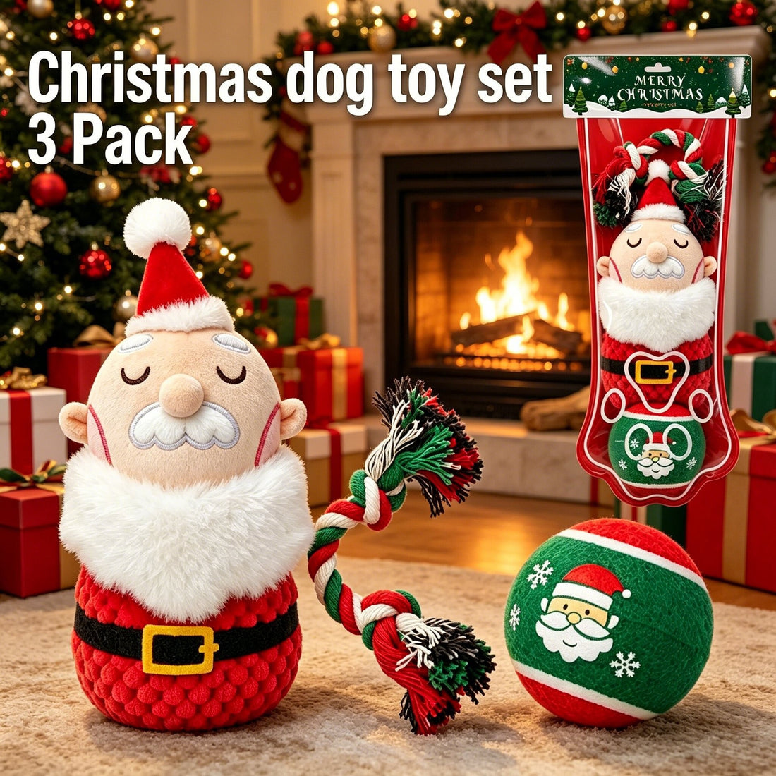 Santa dog toy 3 pack in front of a decorated fireplace with a Christmas stocking and ball