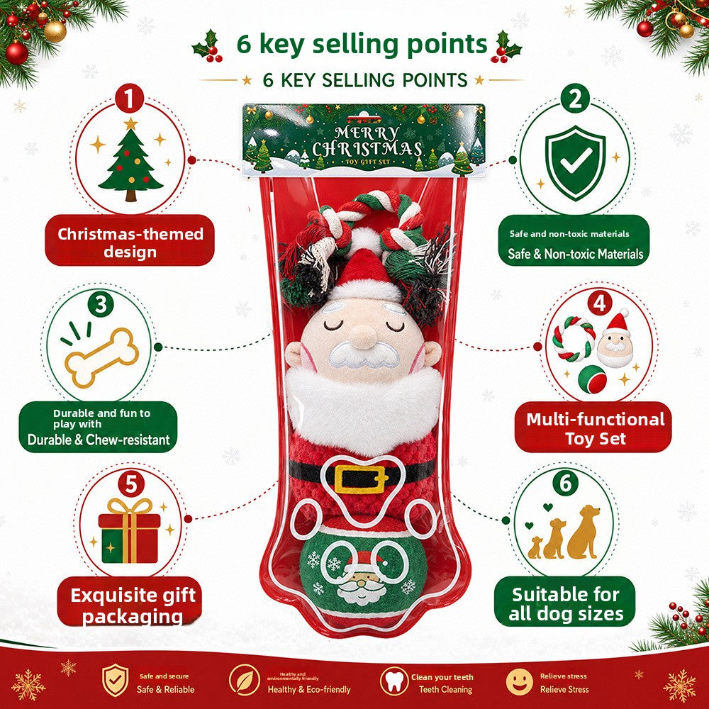 Six key selling points of the Christmas stocking dog toy set shown around a Santa plush