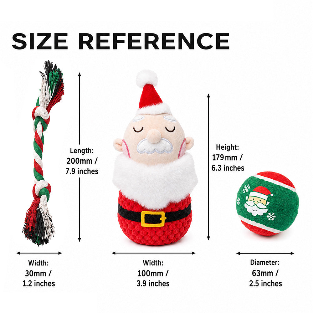 Size reference chart for the Santa dog toy, rope toy and tennis ball with measurements