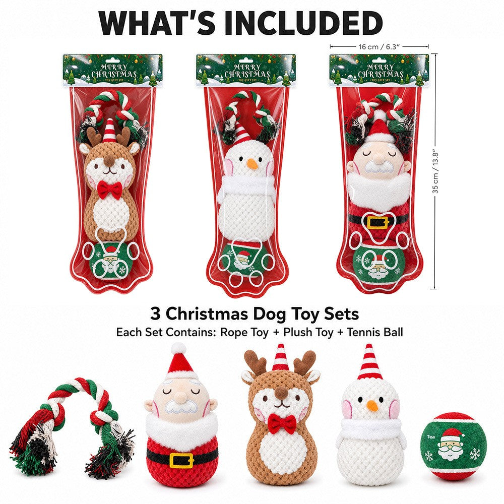 What's included in the Christmas dog toy set: three stocking packs with plush, rope and ball