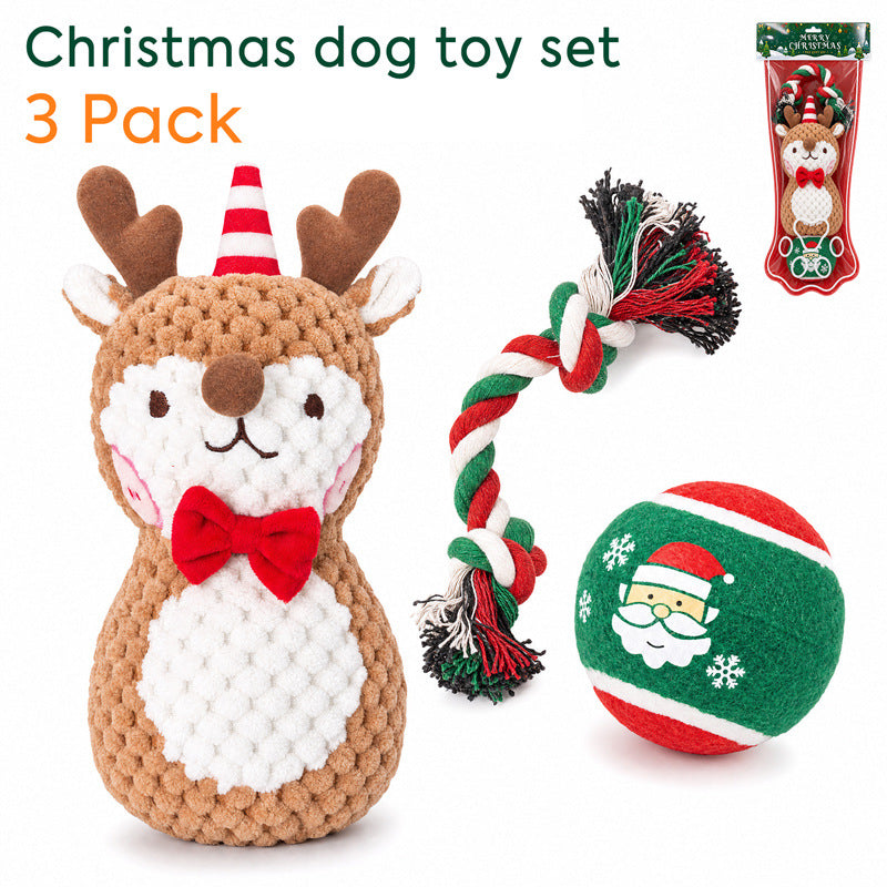 Christmas dog toy set 3 pack with a reindeer plush, rope toy and Santa tennis ball