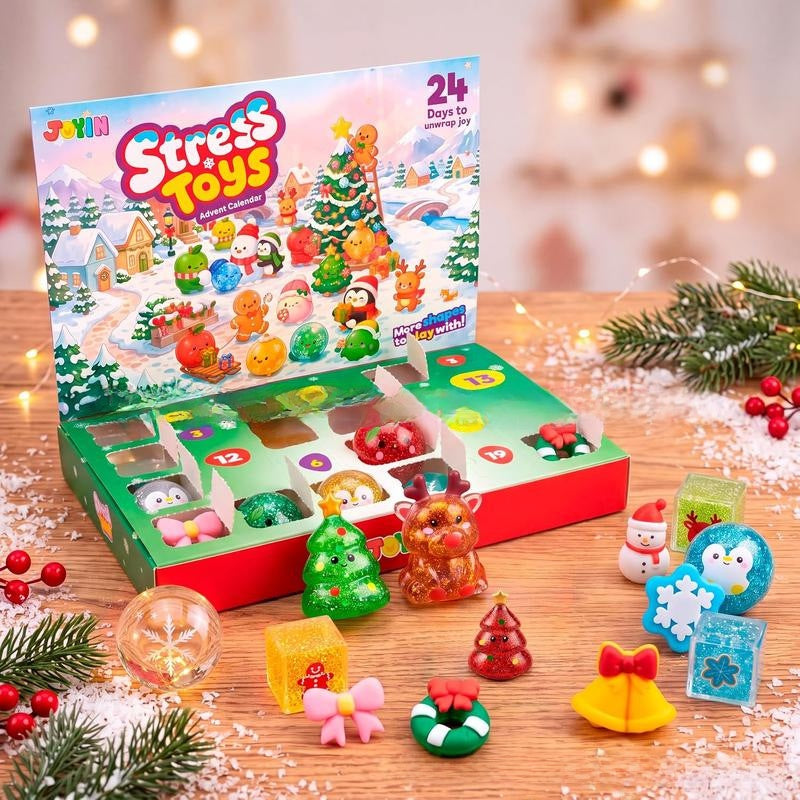 Christmas stress toy advent calendar box open on a table with squishy toys around it