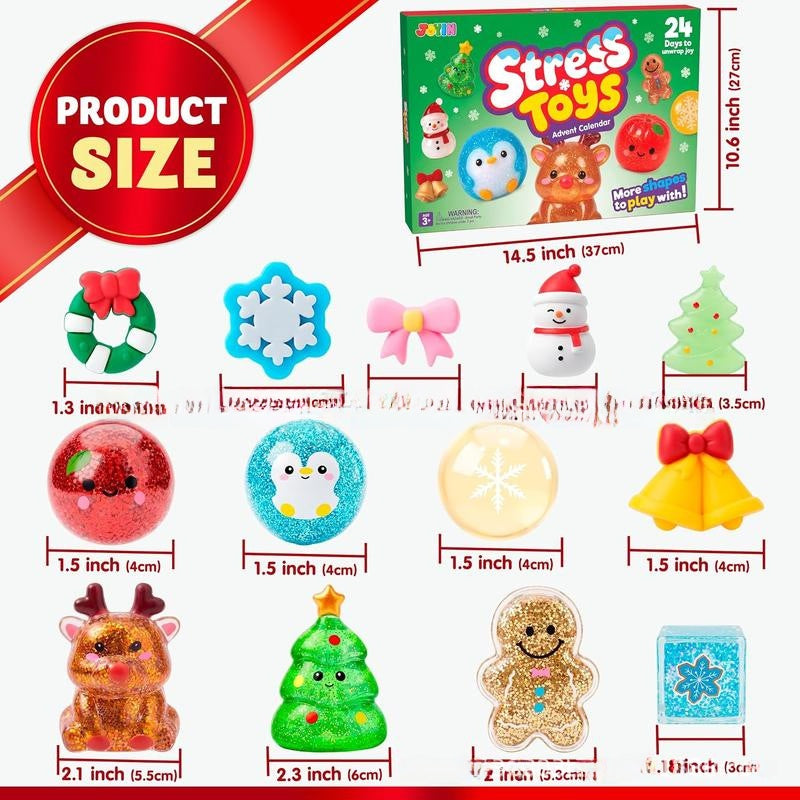 Product size chart for 24 Christmas squishy toys with measurements in inches