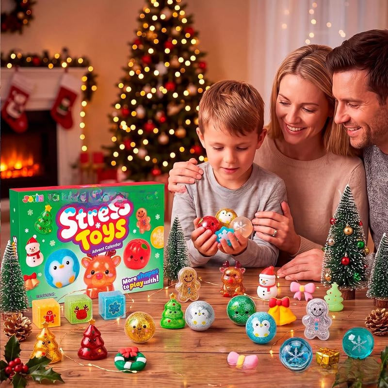 Parents and child opening a Christmas stress toy advent calendar by a decorated tree