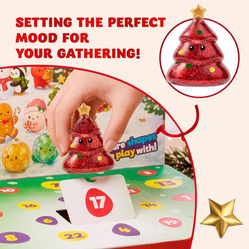 Red glitter Christmas tree squishy toy being pulled from a numbered advent calendar
