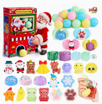 Santa vending machine toy set with 24 assorted squishy toys and capsule balls