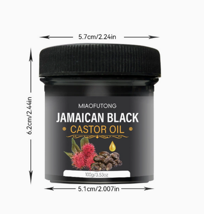 Jamaican Black Castor Oil jar, 100g/3.53oz, black label design, front view with dimensions