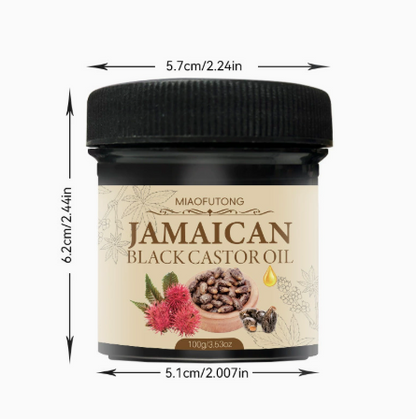 Jamaican Black Castor Oil jar, 100g/3.53oz, cream label design, front view with dimensions