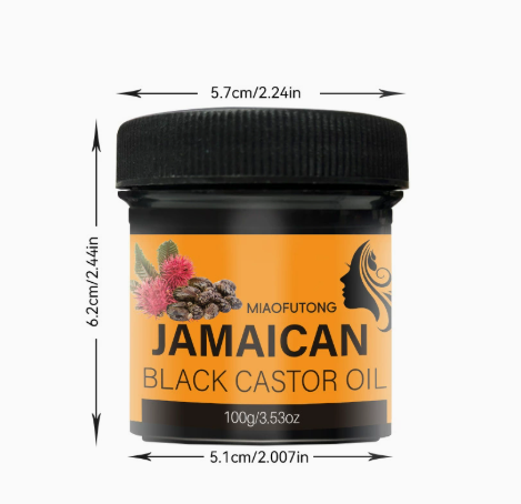 Jamaican Black Castor Oil jar, 100g/3.53oz, orange label design, front view with dimensions