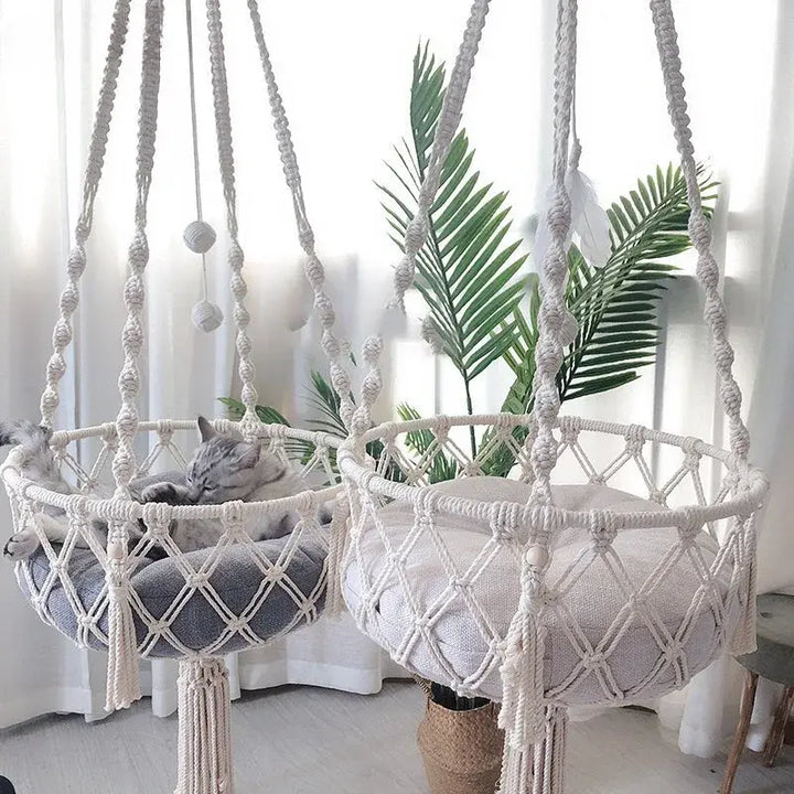 Cat hammock hung from two anchor points showing the swing setup