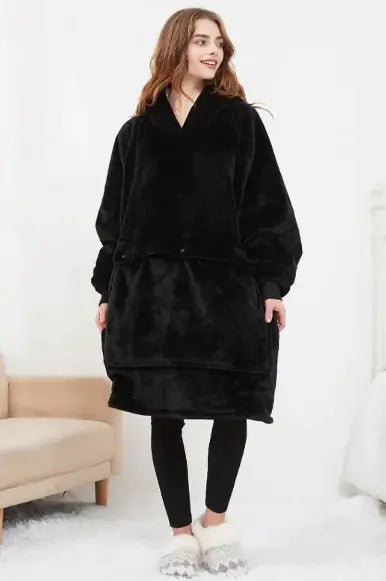 Heated wearable blanket shown in the sky blue colorway