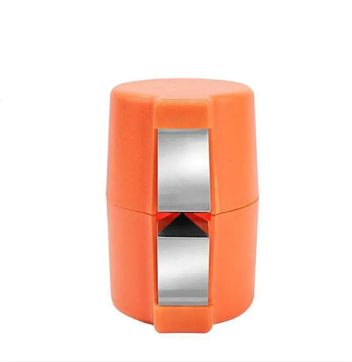 Three-piece egg peeler set in orange, pink, and yellow standing upright